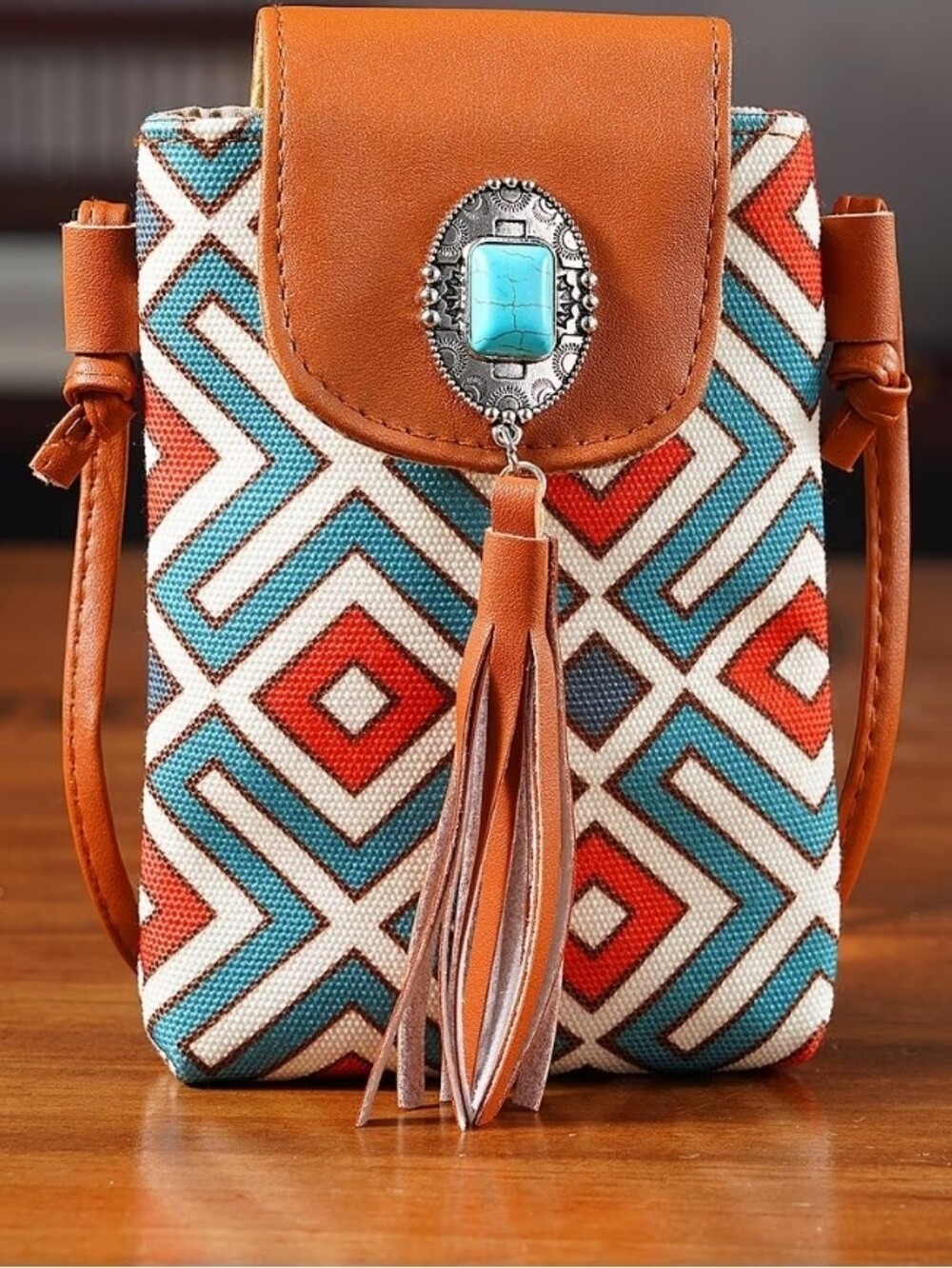 Brown Faux Leather Rhombus Pattern Tassel Crossbody Bag with Shoulder Strap, NWT
